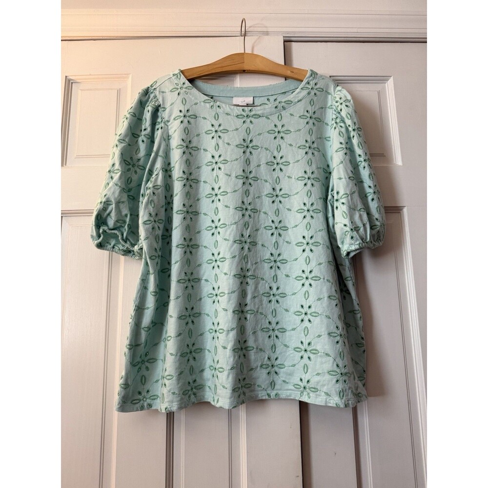 J. Jill Mint Green Eyelet Embroidered Top XL Cotton Puff Sleeve Scoop Neck